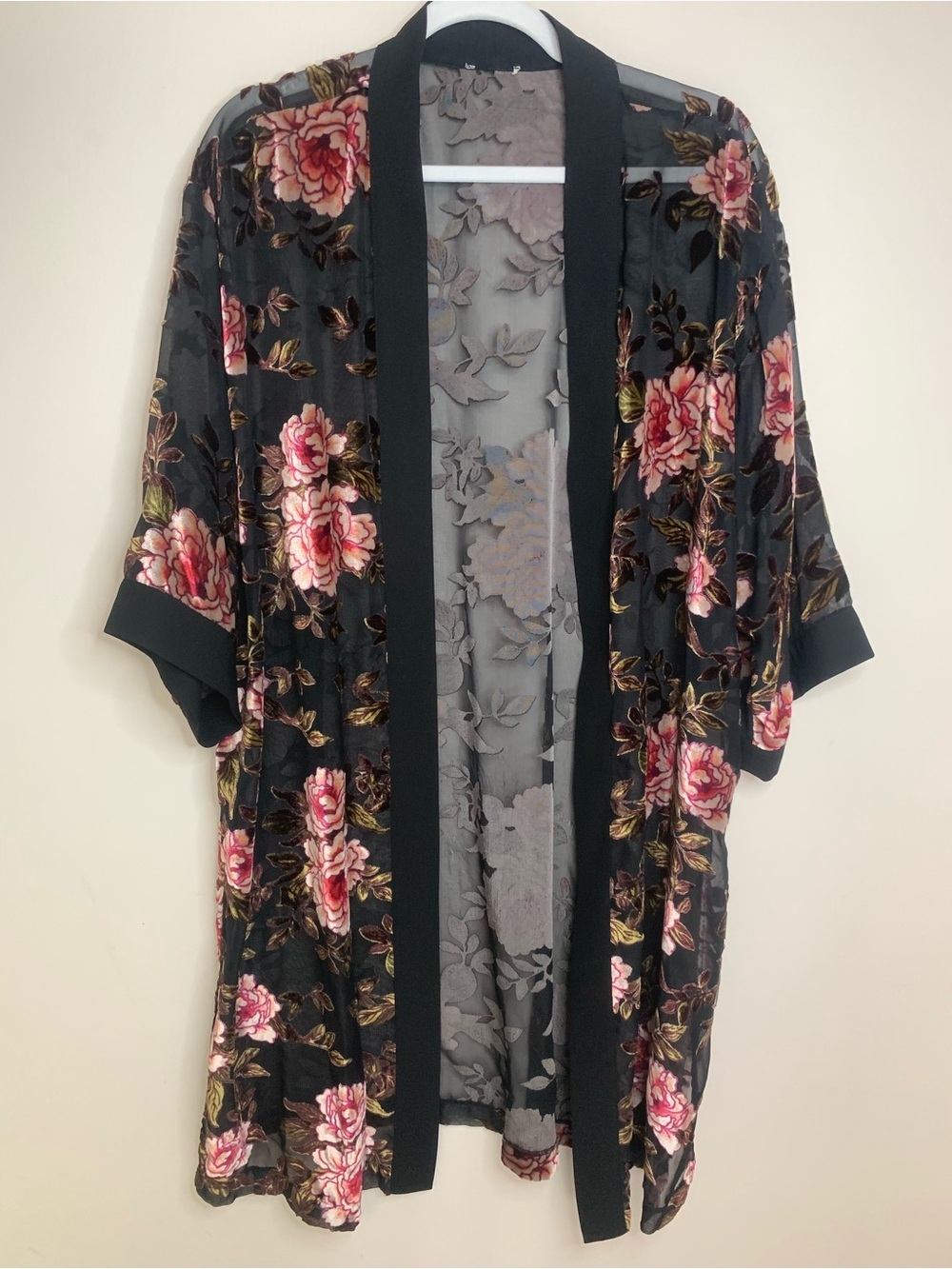 Velvet Floral Semi Sheer Black Pink Kimono Robe